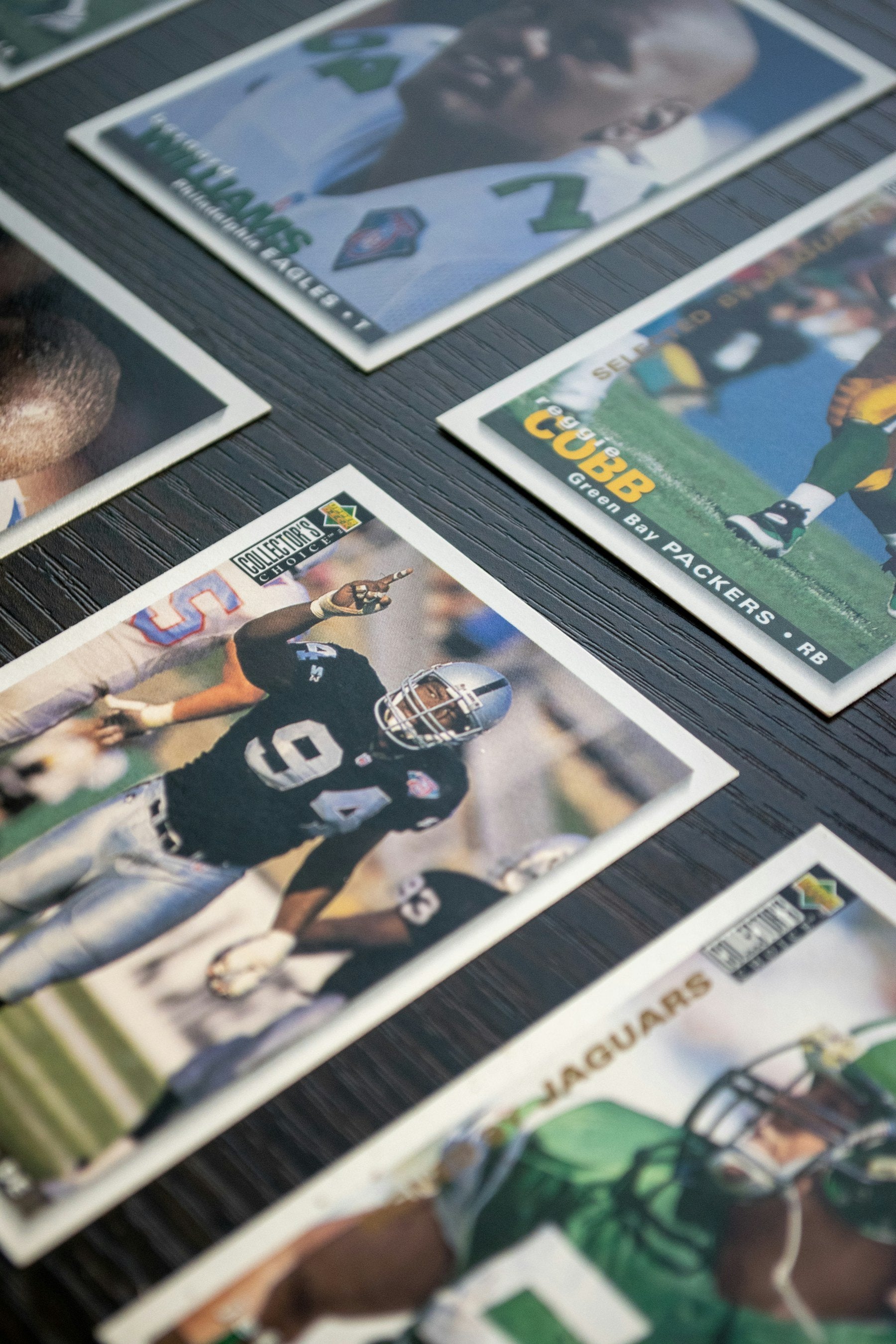 A curated spread of real sports trading cards